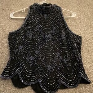 Papell Boutique Evening Black Silk Beaded Halter Top Formal Glamour Occasion PM